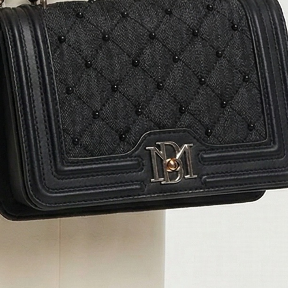 Badgley Mischka black leather denim chain strap crossbody shoulder bag - Picture 2 of 10